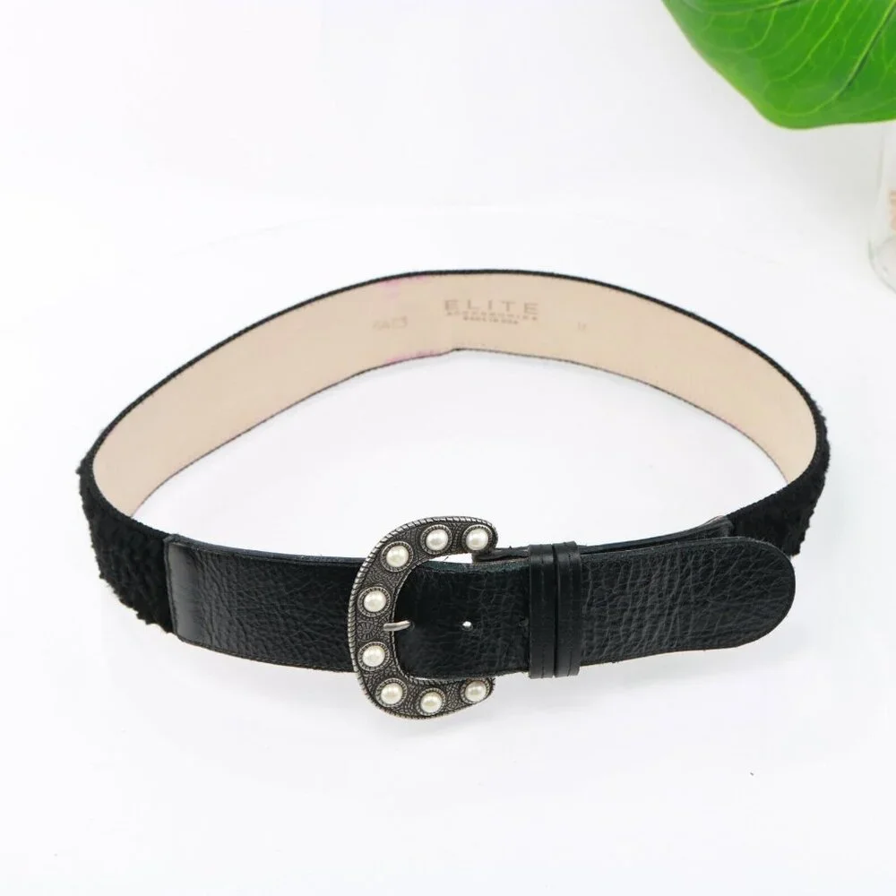 VTG Elite Accessories Womens Belt Size Medium Black Leather Pearl Big Buckle USA